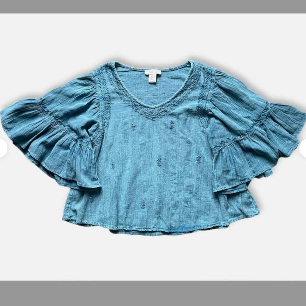 Rachel Zoe Women’s Blue Chambray Denim Embroidered Ruffle Blouse, size Medium